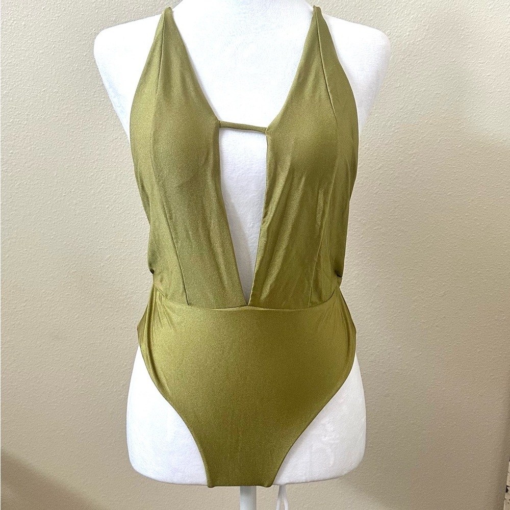 Lovers + Friends One Piece Swimsuit Olive Green Silky